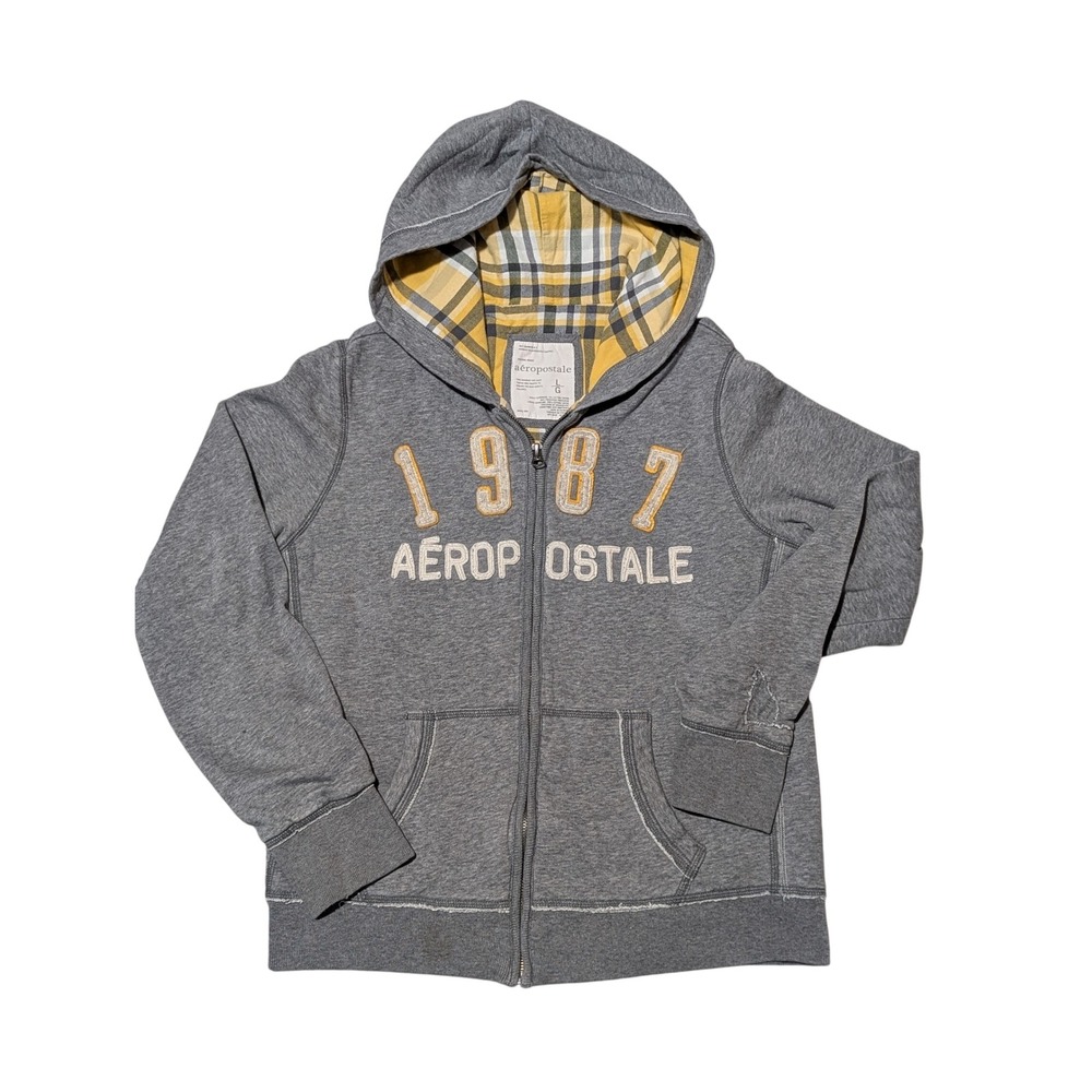 Aeropostale Hoodie Mens L Gray 1987 Plaid Lined Full Zip Sweatshirt Y2K Grunge